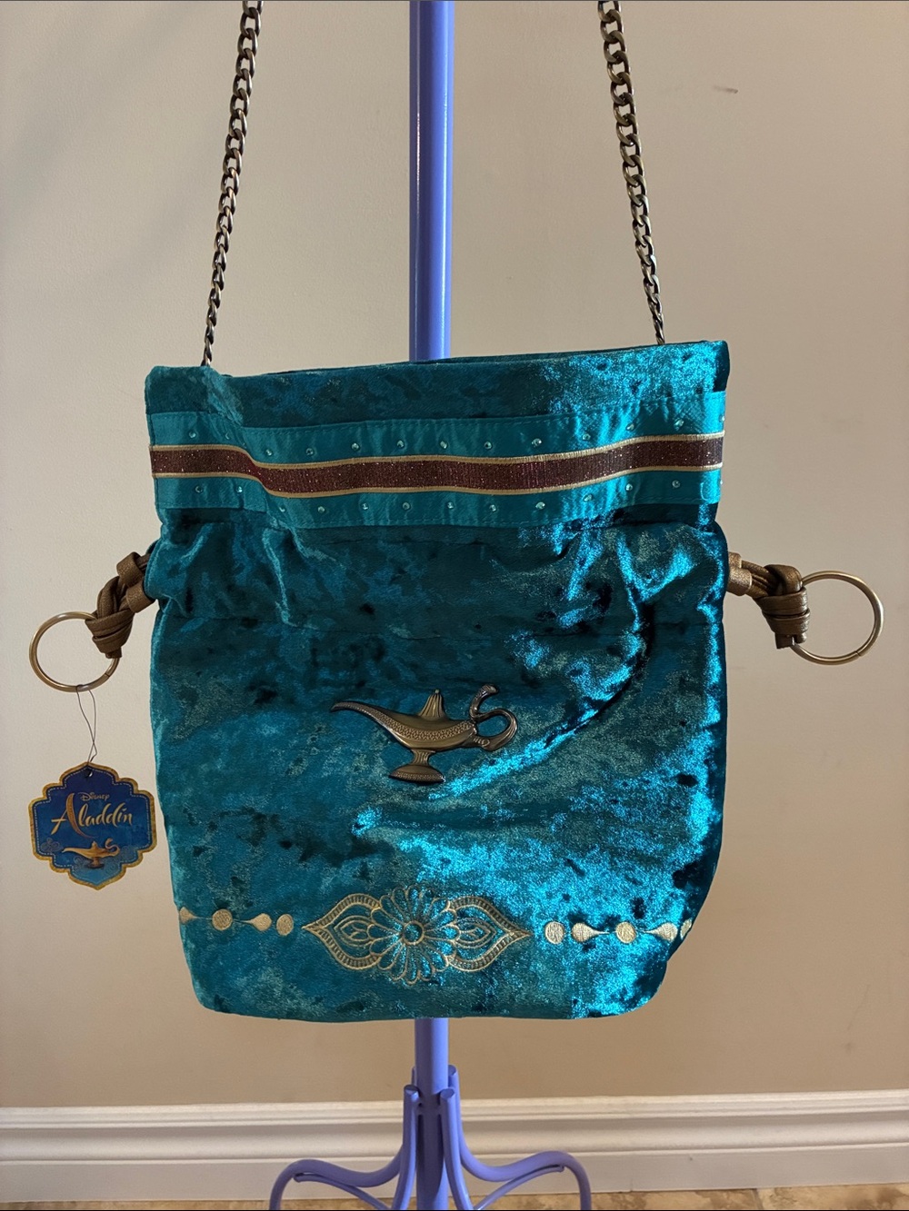 Aladdin Teal Velvet Crossbody Bag Magic Lamp Jasmine embroidered gold